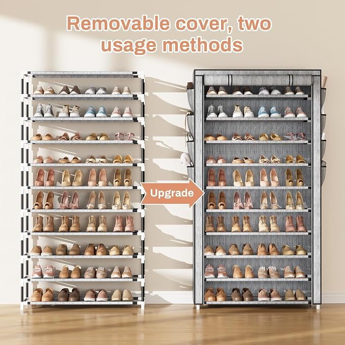 VTRIN Tall Shoe Rack with Cover, 10 Tier Shoe Organizer Storage for 50-55 Pairs Shoes and Boots Large Capacity Shoe Shelf with 8 Pockets Free Standing Shoe Rack for Closet, Entryway, Garage, Printing