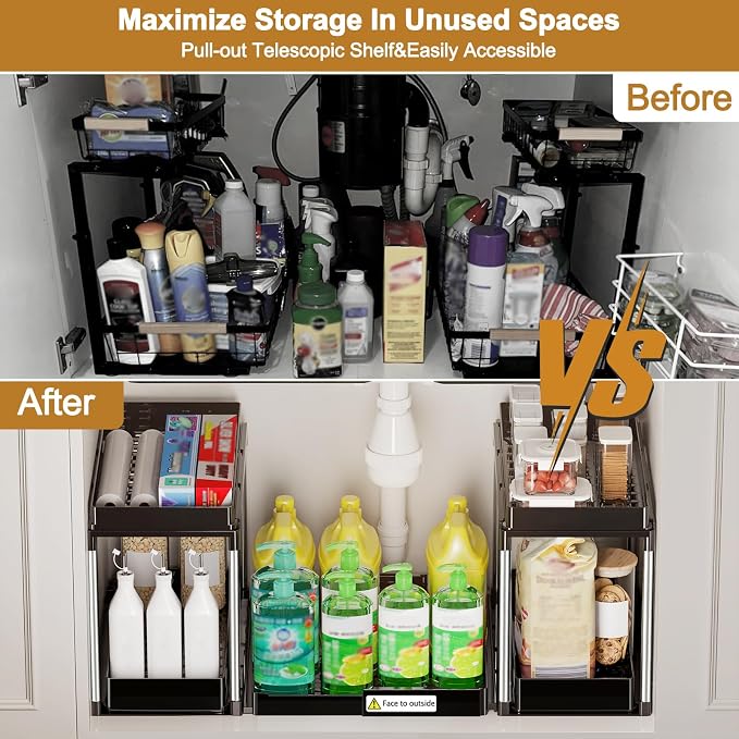 NIUXX Expandable Under Sink Organizer: 2 Tier Under Cabinet Organizer - Double Pull Out Shelf Under Sink Storage for Kitchen - Bathroom and Laundry Room - Space Saving