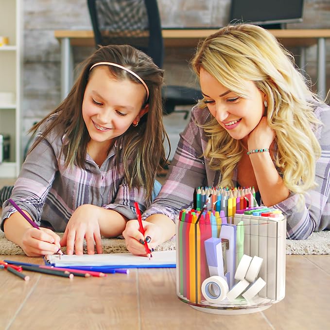 Pencil Holder for Kids, 360 Rotating Pen Holder for Desk Organizer and Storage, 4 Compartments Art Supply Marker Organizer, Acrylic Kids Desk Organizer for School Lazy Susan Organizer