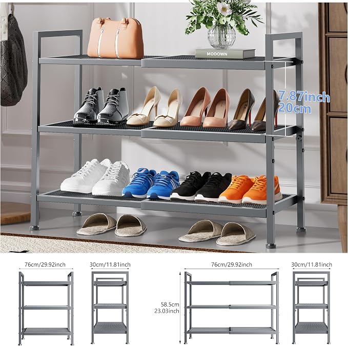 Shoe Rack, Expandable Shoe Rack for Closet, Adjustable Shoe Organizer for Entryway, Shoe Storage Organizer for Door Entrance, Garage, Bedroom (Grey, 3-Tier)