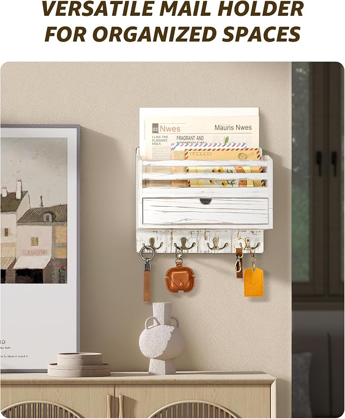 Rebee Vision Mail Organizer Wall Mount with Drawer for Entryway, Whitewash | Key and Mail Holder for Wall, 7 Key Hooks, Drawer Storage, Mail Sorter, Key Hanger Home Organization, Apartment Essentials