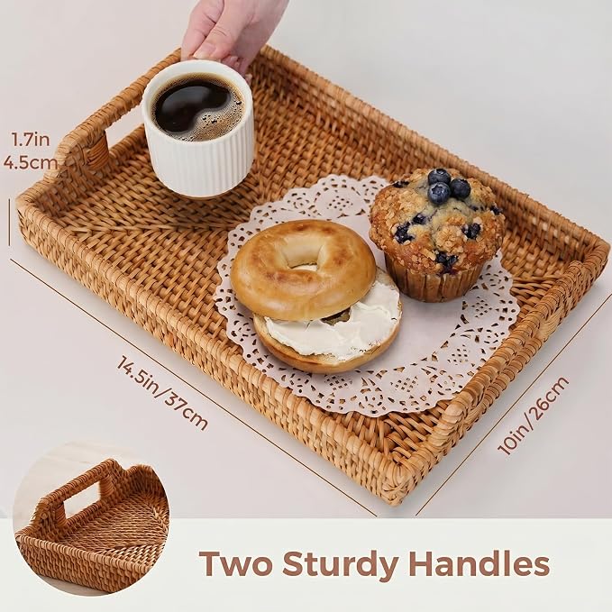 Rattan Serving Tray with Handles, Natural Woven Wicker Tray for Breakfast | Rattan Serving Rectangle Wicker Trays for Decor Coffee Table, 14.5" × 10"