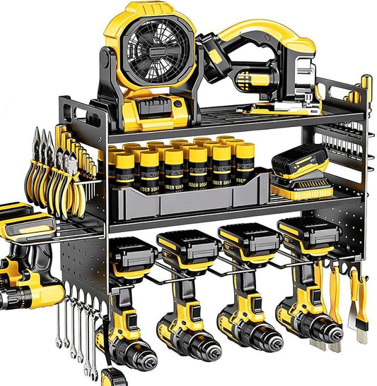 16.5" W Power Tool Organizer Wall Mount, 3-Layer,6 Drill Holders | Small Tool Storage Rack, Heavy Duty 150 lb Load Capacity for Garage Workshop, Black, Gift for Men
