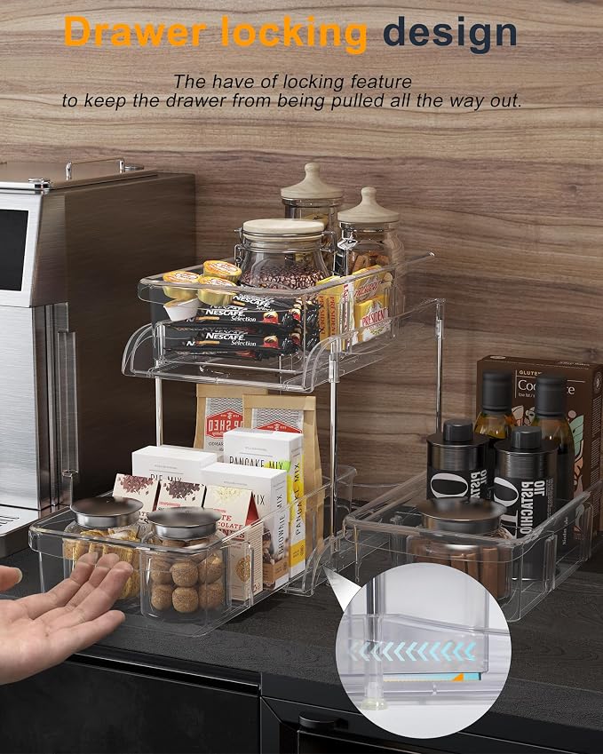 Sevenblue 2-Pack 2-Tier Under Sink Organizers with Sliding Drawers | Multi-use kitchen & bathroom storage, 10.6 inch clear cabinet organizer, space-saving sliding drawer design.