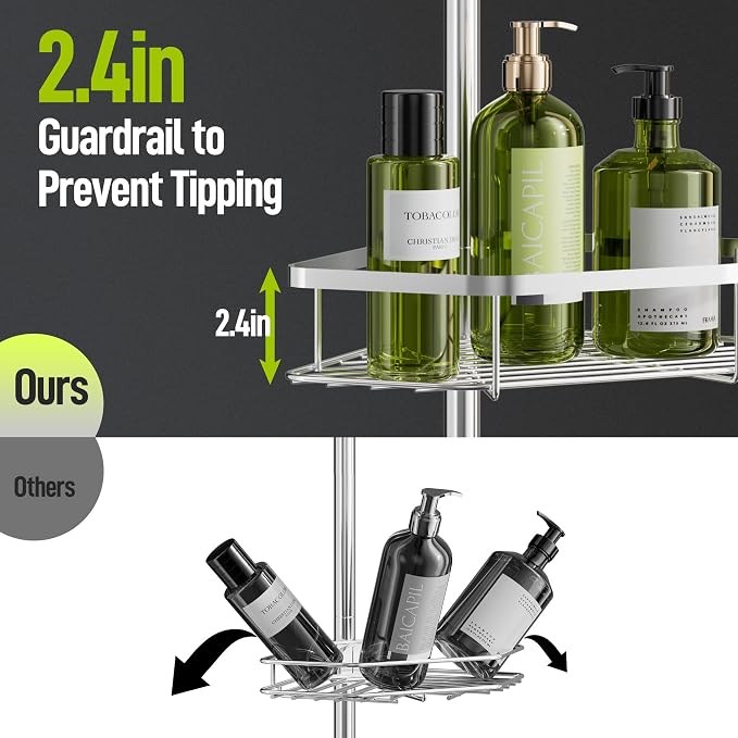 LAMU Stainless Steel Corner Shower Caddy Tension Pole,4-Tier Storage,Silver | Fits 37.8-124 in Heights, No Drilling, Strong Spring, 3 Adhesive Pads, 4 Hooks for Corner Shower Shelves, Bathroom & Bathtub