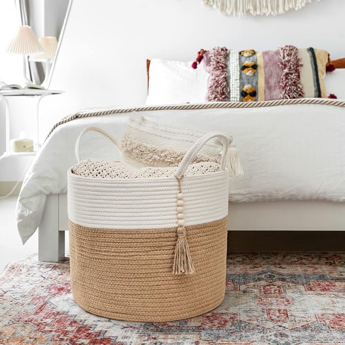Mkono Woven Storage Basket for Blanket, Toys Plant Organizer, 16"W x 13.8"L | Cream White and Brown, Decorative Basket with Handle, Wood Beads Tassel, Shoes Towel Storage Bin, Living Room Bedroom Nursery
