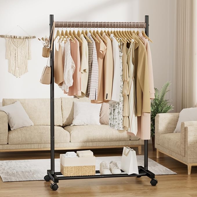 Black Clothing Rack for Hanging Clothes, Portable Rolling Clothes Rack with Wheels, Heavy-Duty Metal Garment Racks with Bottom Shelf, Large Load Capacity & Easy Assembly