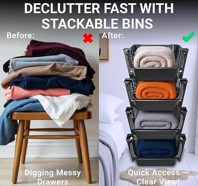 Skywin Stackable Storage Bins Open Front for Pantry Storage, 4 Pack - Black | Sturdy Plastic, Easy Stacking, Breathable & Open Front Design, Pantry Storage for Snacks, Toiletries, and Small Essentials