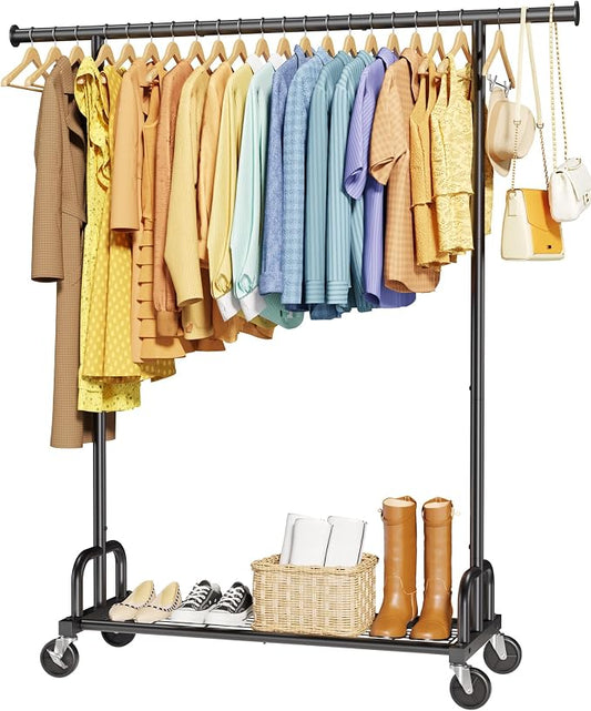Sakugi Clothes Rack - Large-Capacity Clothing Racks for Hanging Clothes with Lockable Wheels, Space-Saving Metal Coat Rack for Bedroom, Laundry Room, Entryway, 45.6" x 16.9" x 59", Black