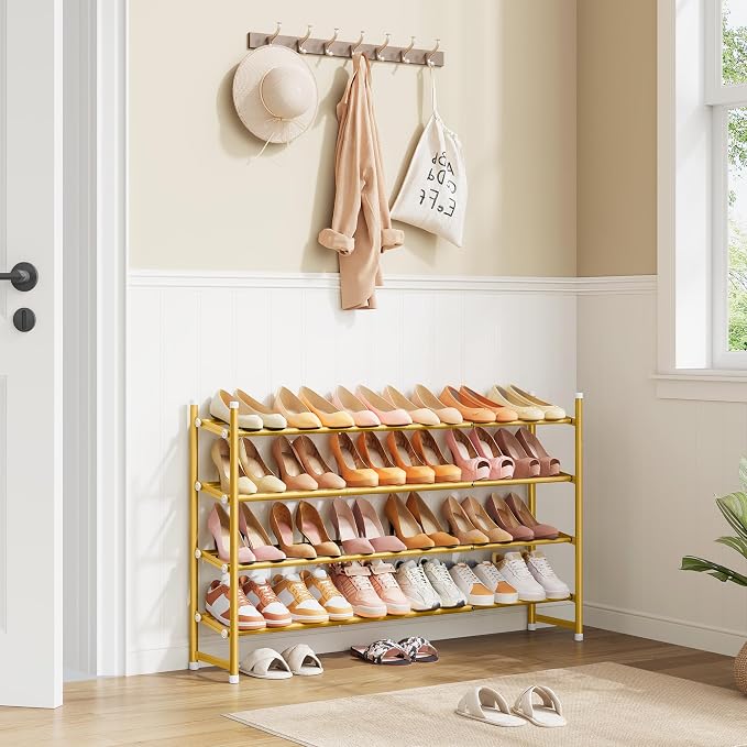 Expandable Shoe Rack for Closet 4 Tier, 28“-41“Stackable, Gold | Adjustable Shoe Organizer Closet Shoe Rack Floor, Metal Shoe Shelf Storage for Entryway, Closet, Garage, Front Door Entrance
