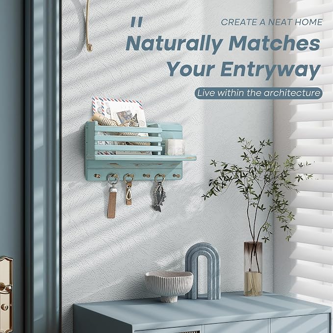 Rebee Vision Key Holder Wall Mount with Mail Slot for Home Decor, Blue | Pine Wood, Key Holder for Wall, 8 Key Hooks, Mail Organizer, Paper Storage, Wall Organizer, key Hanger Apartment Aesthetic