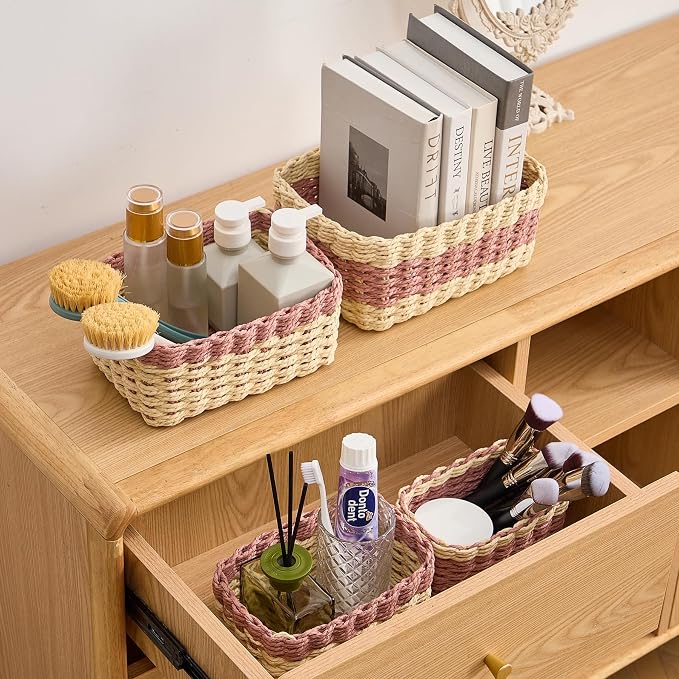4PCS Woven Storage Baskets Set, Small Baskets for Organizing, Square Handwoven Paper Rope Organizer Bins for Shelves and Home Storage (Natural & Pink)