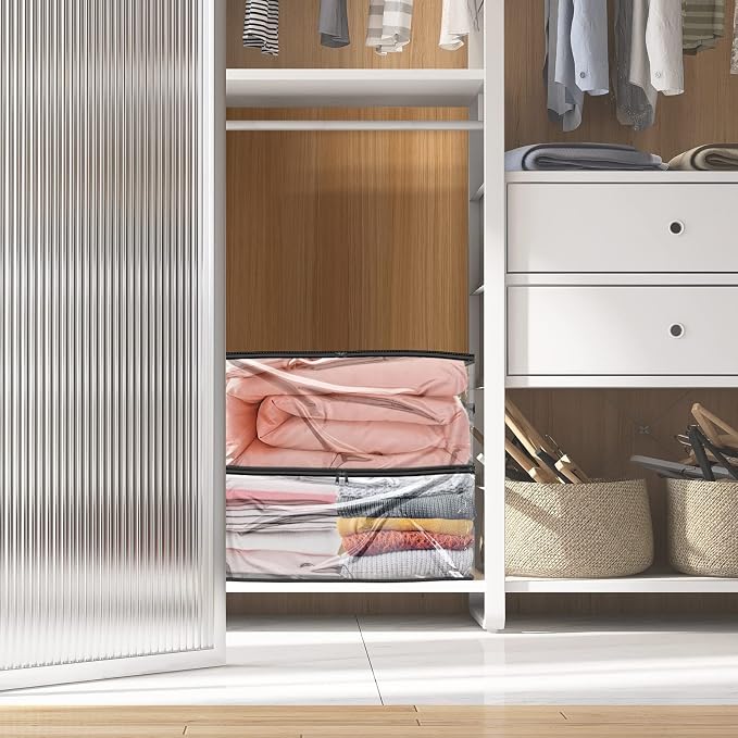Blanket Storage Bags 6 Pack 35L Clear Plastic Clothes Closet Organizer | Clear Plastic, Zippered Closure, for Clothes Comforters Sweaters Blankets Sheets and Toys, Closet Storage