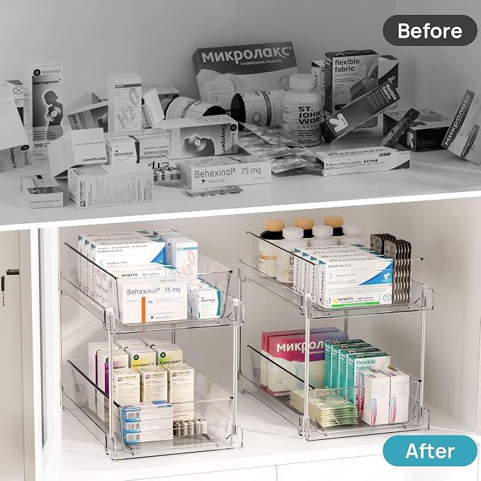 Vtopmart 8 Pack Pull Out Bathroom Under Sink Organizer (S-Standard) | Slide-out drawers, Multi-purpose storage, Clear visibility, Easy Set-up