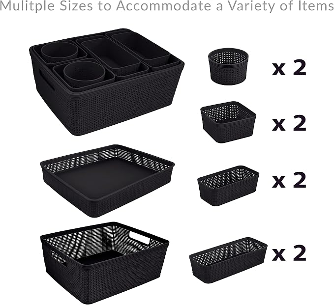 Simplify 10 Piece Organizing Set | Multiple Size Bins | Multipurpose | Office | Desk | Dorm | Bathroom | Storage Basket | Small Items | Accessories | Black