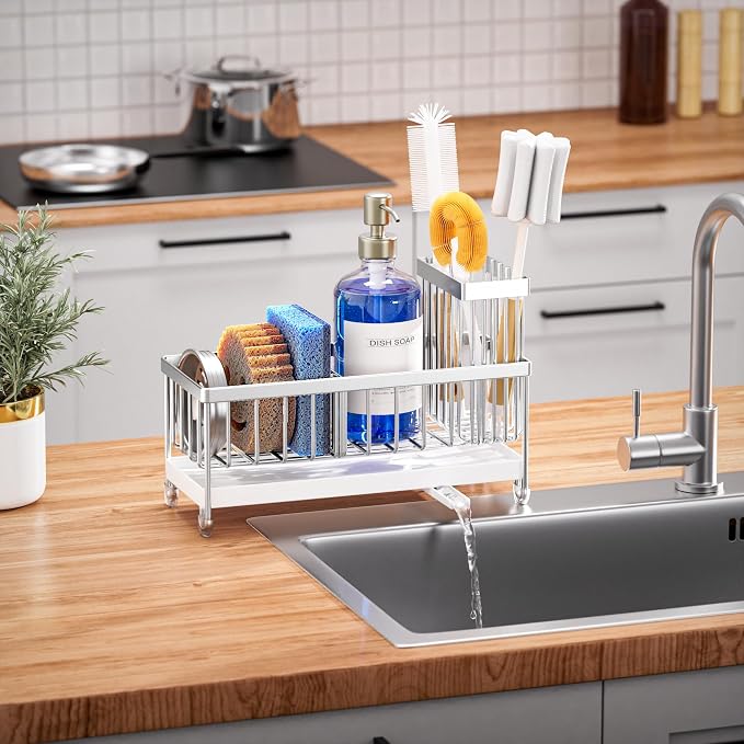Cisily Sponge Holder for Kitchen Sink, Sink Caddy Organizer with High Brush Holder, Kitchen Countertop Organizers and Storage Essentials, Rustproof 304 Stainless Steel (Silver, 9.25″)