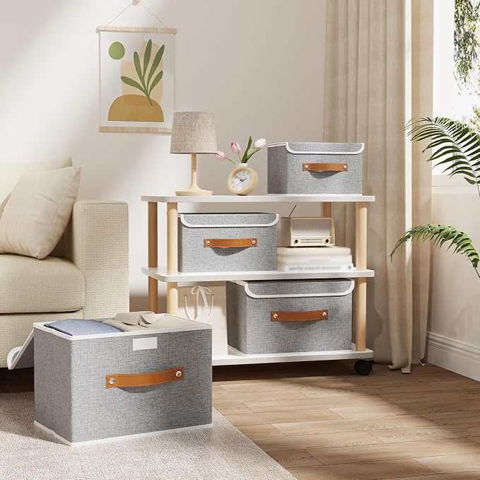 OUTBROS Storage Boxes, Bins with Lids, 10.2x7.9x6.7 in, Grey | Cotton and linen cloth Storage Baskets with Handle, for Books, Closet, Bedroom, Home