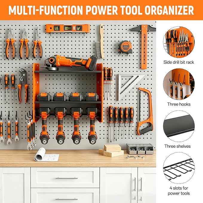 Power Tool Organizer Wall Mount,Power Drill Tool Holder | 200lb Heavy Duty Tool Shelf,4 Tier Cordless Tool Organizerwith 4 Drill Holders & 3 Divider Panels,Orange