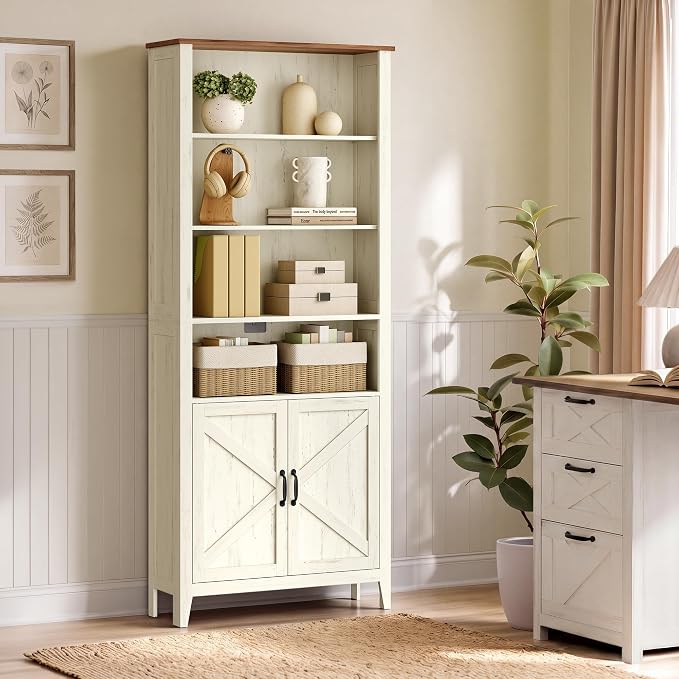 VASAGLE Liry Collection Farmhouse Bookshelf, 6-Tier Bookcase with Doors, Storage Cabinets, 24.8 x 10 x 70.7 inch, for Home Office, Living Room, Cloud White and Warm Brown ULBC134W101S