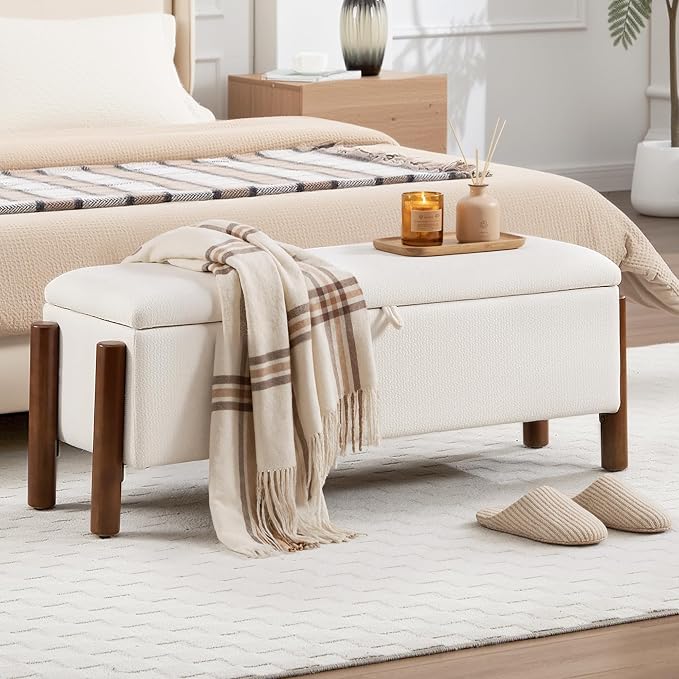 47'' Modern Storage Ottoman Benches with Walnut Wood Legs Ottoman Bench with 22 Gallons Storage Space Fabric Upholstered Seating End of Bed Bench for Bedroom for Livingroom White