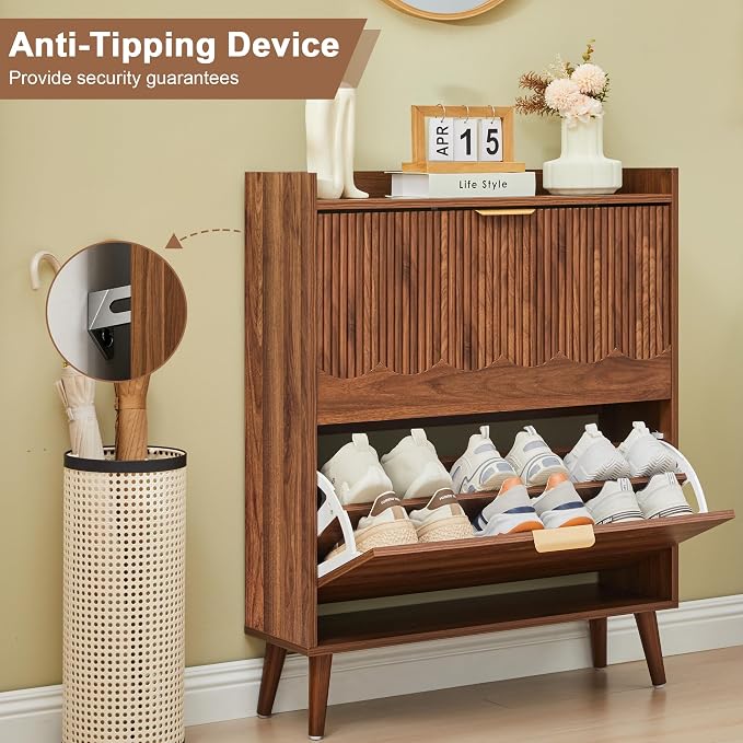 BERRYMERRY 30" Walnut Narrow Shoe Storage Cabinet with 2 Flip Drawers | narrow,entryway,adjustable feet,20 pairs shoe,shoe organize,hidden shoe rack,fluted panel,wave pattern,wood,space saving