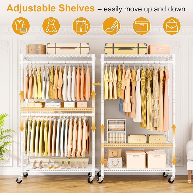 P5 Rolling Clothes Rack, Clothing Racks for Hanging Clothes, White | Heavy Duty Garment Rack with Wheels, 3-Tier Shelves, Portable Closet Racks 39.4'' W × 20.5'' D × 80.5'' H, Max Load 650 Lbs