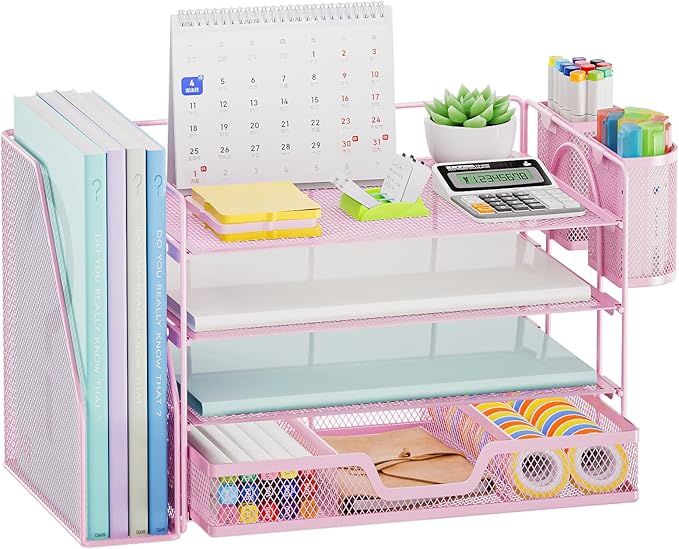 Marbrasse 4-Tier Paper Tray Organizer with Drawer and Pen Holder, Pink | Metal Mesh Desk Organizer, Built-in Drawer & 2 Pen Slots, fits letters/Files, for School Home Office Supplies