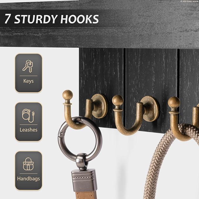Rebee Vision Key Holder Wall Mount with 7 Hooks & Shelf for Entryway, Black | Key Holder for Wall, Floating Shelf, Display Plants & Letters, Mail Organizer, Rustic Key Rack, Decorative Home Accent