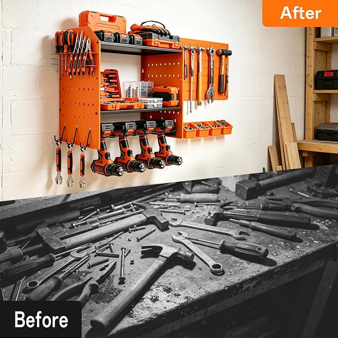 Power Tool Organizer Wall Mount,Power Drill Tool Holder | 200lb Heavy Duty Tool Shelf,4 Tier Cordless Tool Organizerwith 4 Drill Holders & 3 Divider Panels,Orange