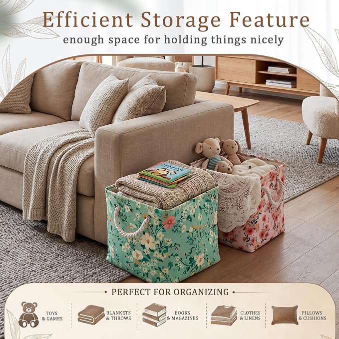 6 Pack Boho Floral Storage Bins 6 Pack, 11 Inch Cube Fabric Storage Baskets | Foldable Fabric Cube Baskets with Reinforced Handles, Floral Laundry Nursery Hamper, for Shelves, Closets, Room Organization