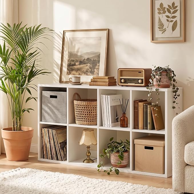 8 Cube Storage Organizer, White Cube Bookshelf, Multifunctional Bookcase | Open Storage Display Bookshelf, Modern Wood Open Bookcase, Display Shelf for Living Room Bedroom Home Office Entrance Hall