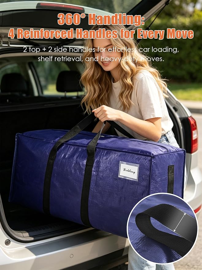 SWEET DOLPHIN 8 Pack 200LB Heavy-Duty Moving Bags with Wrap-Around Handles, Extra Large Storage Totes for Space Saving, Clothes Storage Bags, College Dorm Essentials, Blue, 24 Gal