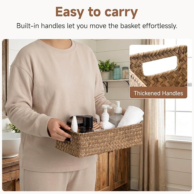 StorageWorks Wicker Seagrass Baskets, Toilet Basket Tank Topper, Brown | Toilet Paper Baskets for Back of Tank, Bathroom Basket Organizer and Storage, Small Tank Trays for Decor with Built-in Handle
