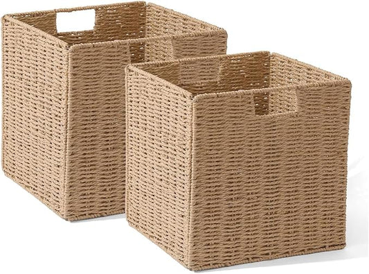 Set of 2 Hand-Woven Paper Rope Wicker Baskets, Storage Basket, Foldable Cube Storage Bins, Natural Color Storage Cubes, Square Baskets for Organizing Shelves Decor, 12x12x12in