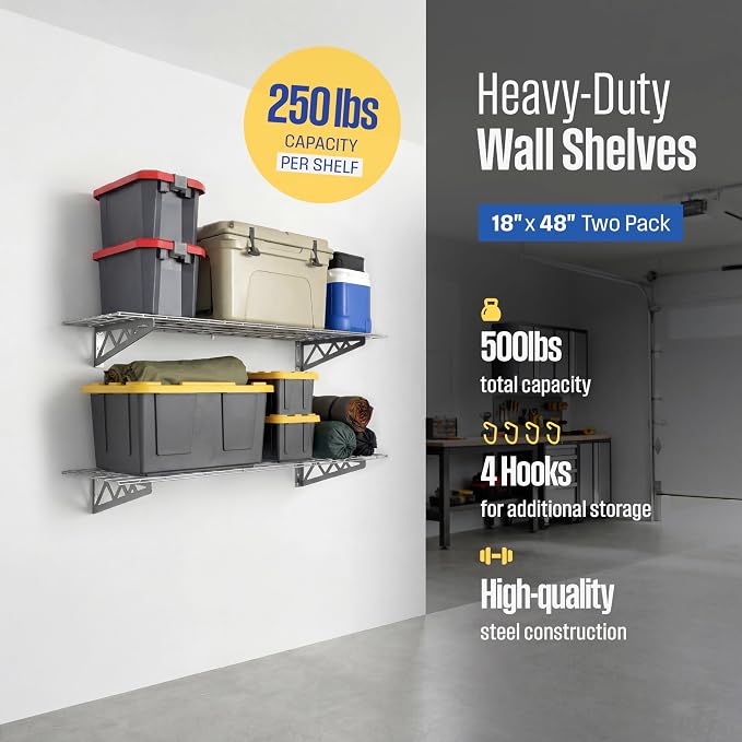 SafeRacks Steel Garage Wall Shelves 2-Pk w/Hooks, 500lb, Hammertone (18x48)