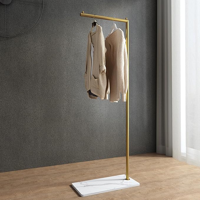 Gold clothing rack with Marble Base,Modern clothes racks for hanging clothes,7-shaped coat rack Freestanding Small garment rack Clothes Hanging Rack for Small Space,Bedroom or cloakrooms