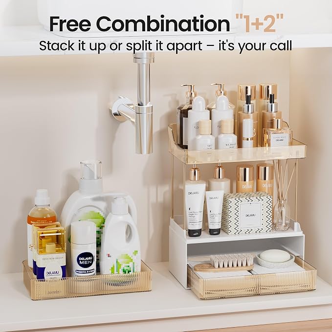 Delamu Bathroom Organizers and Storage, 2 Tier 2 Drawer Makeup Organizer Countertop, Easy to Install, Ideal for Bathroom Counter, Vanity, Ideal Gifts for Women Girls, Amber