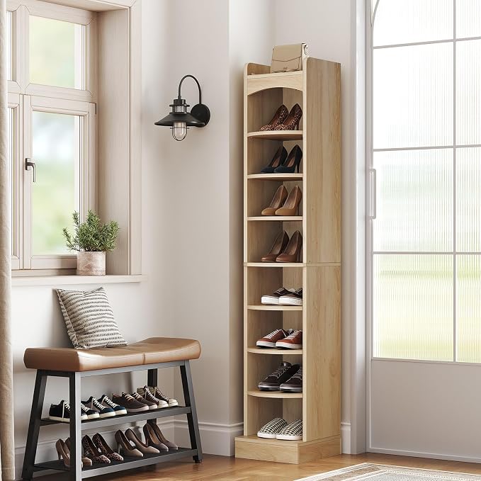 9-Tier Tall Shoe Rack, Wooden Shoe Storage Organizer, Narrow Shoe Cabinet with Removable Shelves for Small Spaces, Holds 9 Pairs of Shoes, for Entrance, Hallway, Natural SS02NL