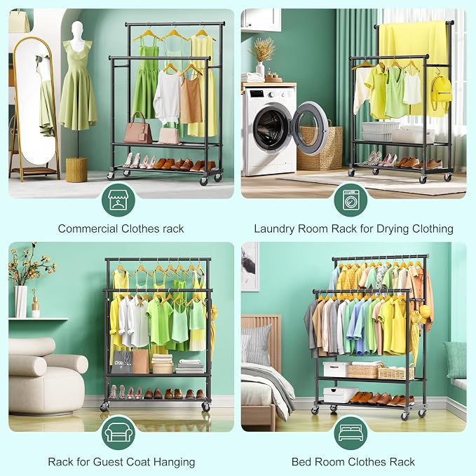 Double Rods Clothes Rack for Hanging Clothes, Heavy Duty Rolling Clothing Rack with Wheels, Freestanding Garment Racks with Oxford Bottom Shelf and Mesh Bottom Shelf for Bedroom Laundry Living Room