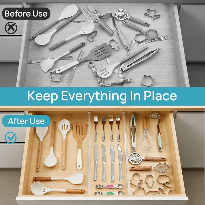 Vtopmart 4 Pack Shallow Drawer Dividers, 2.36" High 12.5"-20.8" Adjustable Expandable Kitchen Drawer Organizer, Clear Plastic Organizer Separators for Flatware, Utensil, Cutlery, Underwear, Clothes