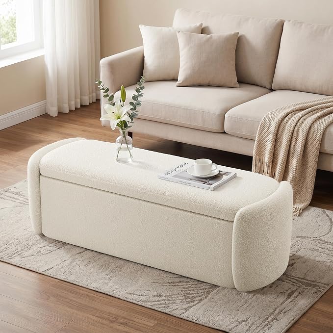 VKNOW Storage Bench, Upholstered Storage Ottoman Bench with Hinge, Beige | Ottoman Bench with Large Capacity, Curved Frame, King Size Bench, Storage Bench for Bedroom, Living Room, Entryway, Window