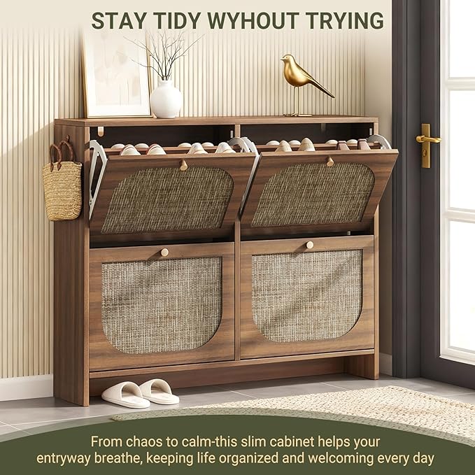 Nicetree Freestanding Ultra Slim Arched Accent Entryway Shoe Storage - 4 Flip Drawers & 3-Tier Adjustable Shelves, Modern Slim Shoe Cabinet for Hallway, Foyer (flip Down Shoe Cabinet | Amber Oak)