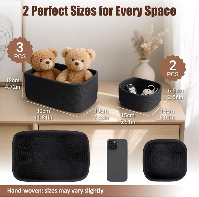 5-Pack Small Woven Rope Storage Baskets, 2 Sizes Organizer Bins | Fabric Cube Boxes and Rectangular Shallow Bins for Closet, Shelf, Bookshelf, Nursery, Changing Table, Bathroom, Toys & Home
