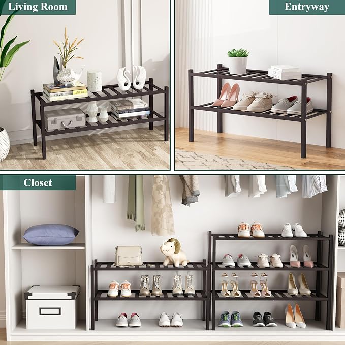Smiry Bamboo Shoe Rack, 12 Vertical Slats, 2 Tier - 26.8" Wide, Brown | Stackable Free Standing Wooden Shoe Organizer, Wood Shoe Storage Shelf for Closet, Entryway