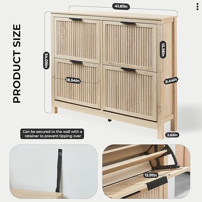 4-Flip Drawer Shoe Cabinet Narrow Entryway Rack, Oak | Vertical Wood Grain, Metal Handles, Adjustable Compartments, Removable Shelf, Anti-Tip Device, for Hallway Foyer Entryway