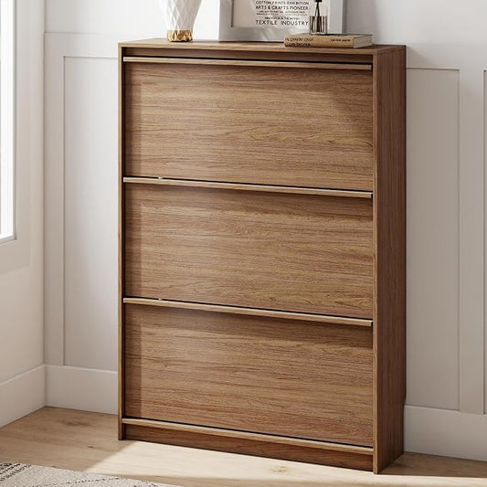 Shoe Cabinet with 3 Flip Drawers, 31.5" W Narrow Shoe Storage Cabinet for Entryway, Slim Shoe Organizer with Adjustable Shelves, Freestanding Shoe Rack for Hallway, Living Room, Walnut
