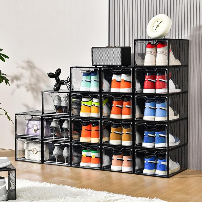 Stebopum 12 Pack Stackable Shoe Storage Organizer with Magnetic Door, Shoe Boxes Clear Black Plastic for Closet, Shoe Rack for Sneaker Boot Container, Shoe Cabinet Fit up to US Size 12