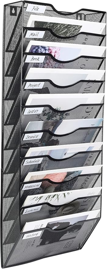 PAG Hanging Wall File Holder Organizer Mail Sorter Literature Rack for Office, 10 Pockets, Black