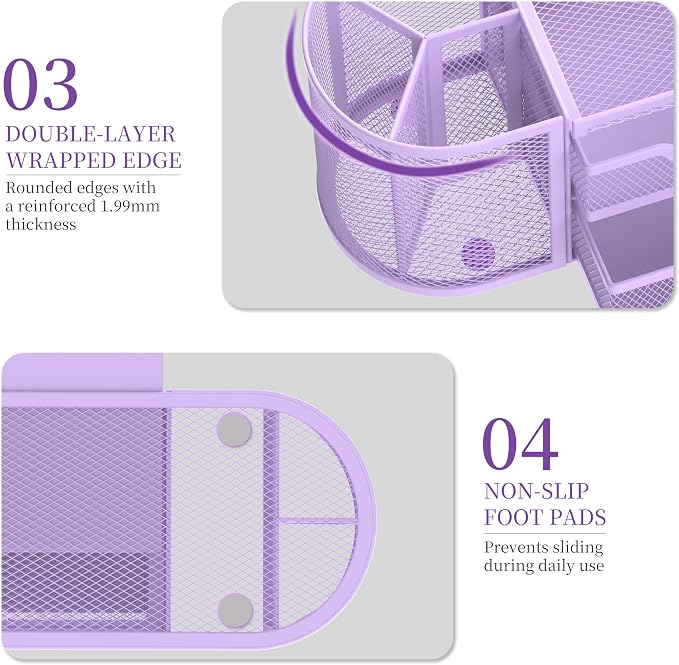 Mesh Desk Organizer, Desk Organizers and Accessories with Drawers, Pen Holder for Desk with 2 Drawers with 9 Compartments for Office Supplies, Purple