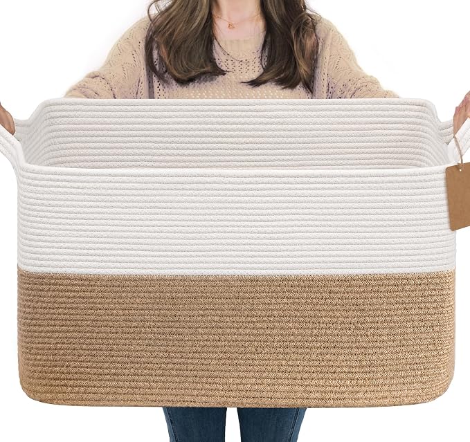 Goodpick Extra Large Cotton Rope Basket with Handles, Jute | 75L, 22 × 17 × 12 in, Rectangle, Blankets, Pillows, Toys & Daily Essentials Storage, Living Room, Bedroom & Home Decor